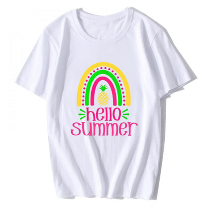 T-Shirt for Women Hello Summer Graphic Shirt Vacation Beach Style Casual Short-Sleeved Tops