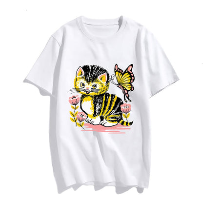 Womens T Shirt Fashion Tops Girl Short Sleeve Black Cat Graphic Casual Tees