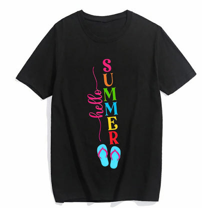 T-Shirt for Women Hello Summer Graphic Shirt Vacation Beach Style Casual Short-Sleeved Tops