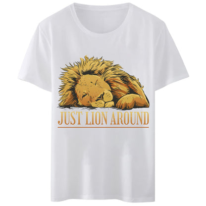 Women T-Shirt Just Lion Around Sleeping Lion T-Shirt Round Neck Tops Short Sleeve Casual Tee