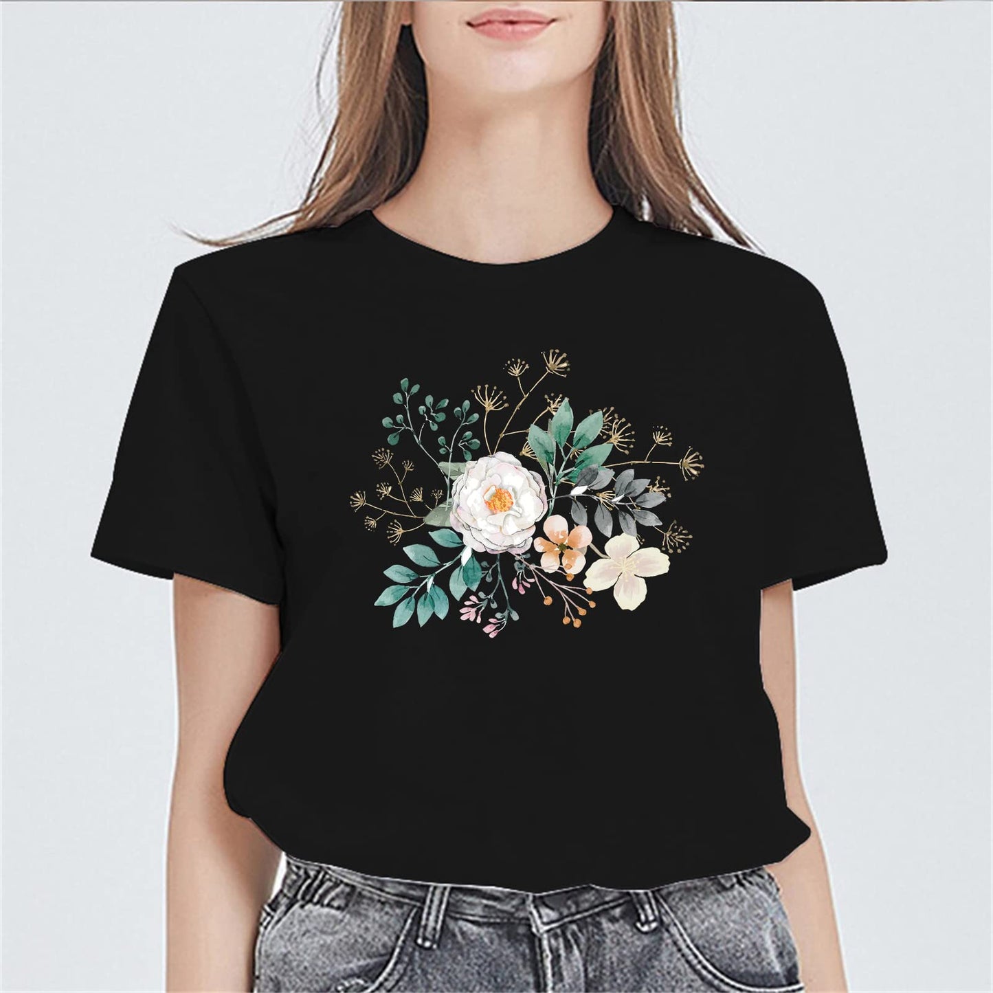 White Flower Graphic Tshirts Casual Short Sleeve Tops Women's Teens Girl