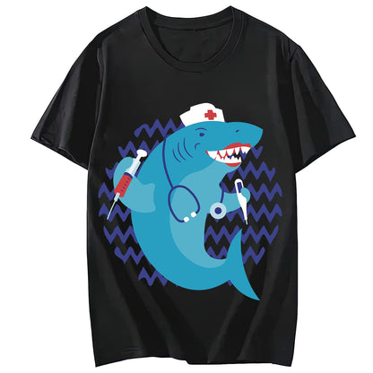 Women's Flat Nurse Shark Pattern Casual Short Sleeve Gift T-Shirt