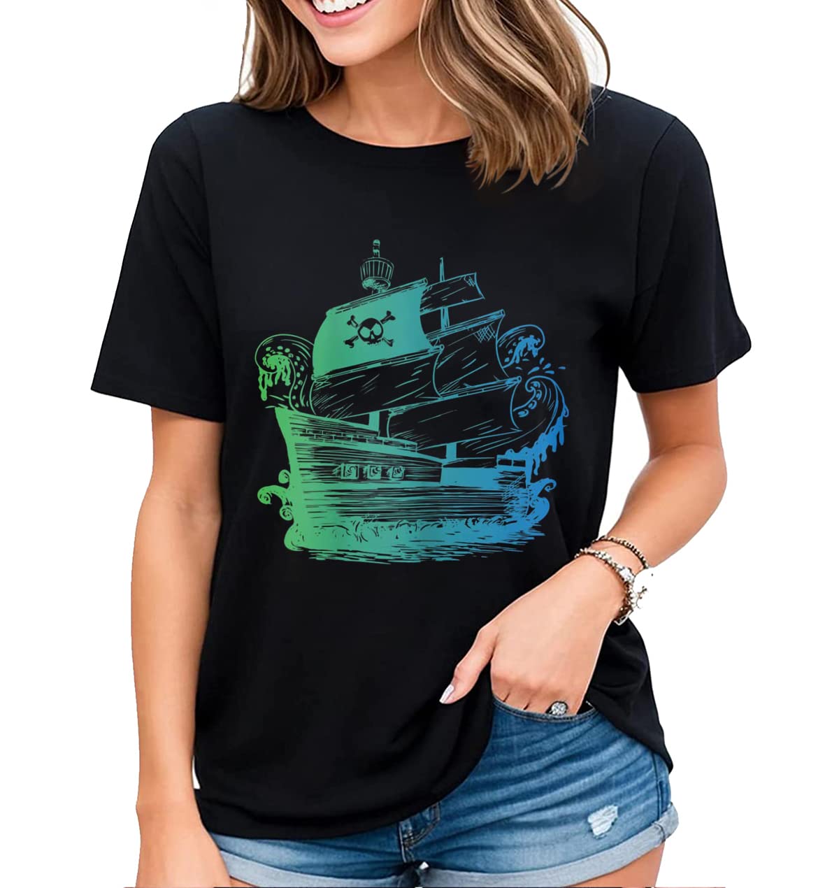 Women's Fun Pirate Pattern Tee Novelty Pirate Lovers Summer Casual Tops