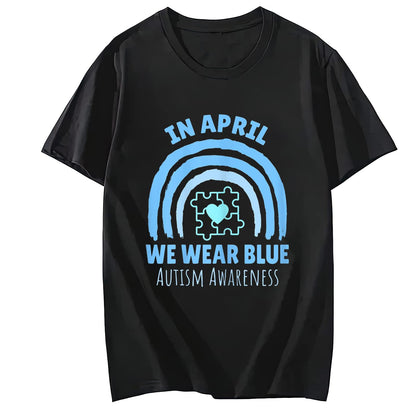We Wear Blue for Autism Awareness T-Shirt Summer Casual Round Neck Short Sleeved Top