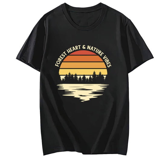 Forest and Lake Retro Sun Set Short Sleeve Comfort Tops T-Shirts for Women