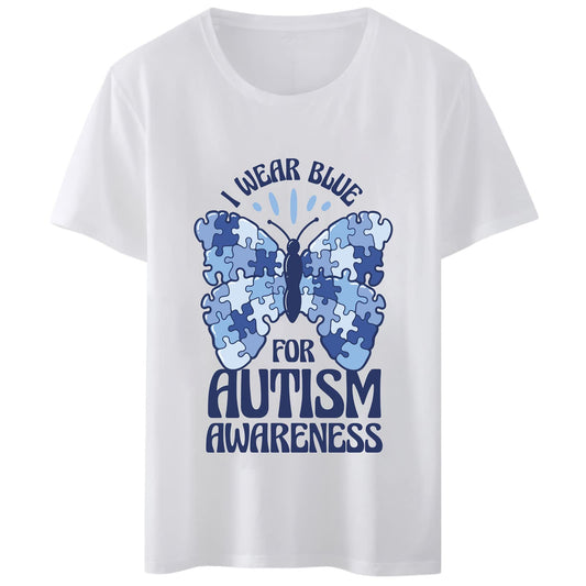 Women T-Shirt I Wear Blue for Autism Awareness Butterfly Print Round Neck Tops Short Sleeve Casual Tee