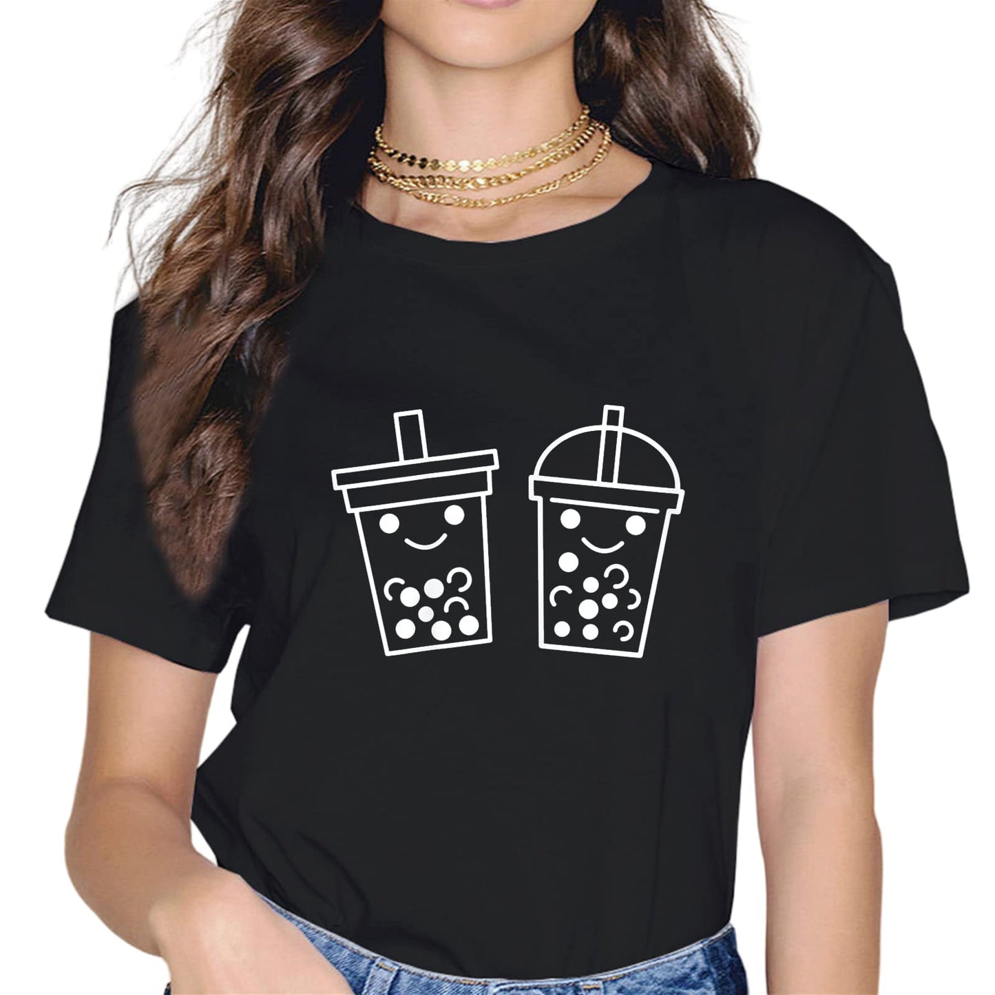 Women Kawaii Boba Bubble Tea Tops Girl Short Sleeve Casual Round Neck Tees