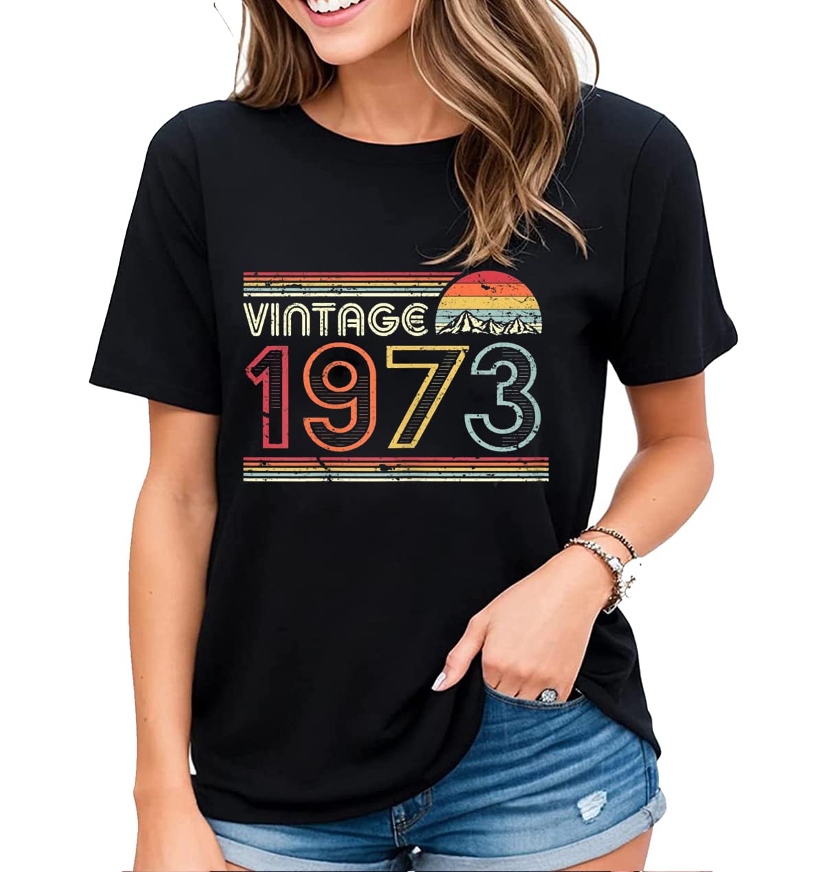 Womens Fun 1973 Graphic 50th Anniversary T-Shirt Vintage Gift Casual Short-Sleeved Tops