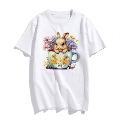 Womens Bunny in A Cup Print Tshirts Casual Short Sleeve Tops Women's Easter Gifts