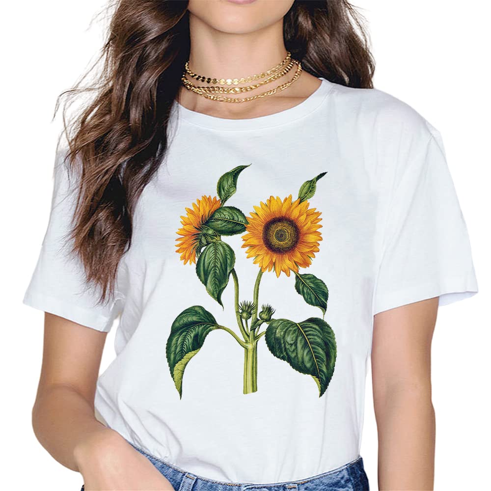 Women Sunflower Sunshine Floral Flower Fashion Short Sleeve Casual Round Neck T-Shirt