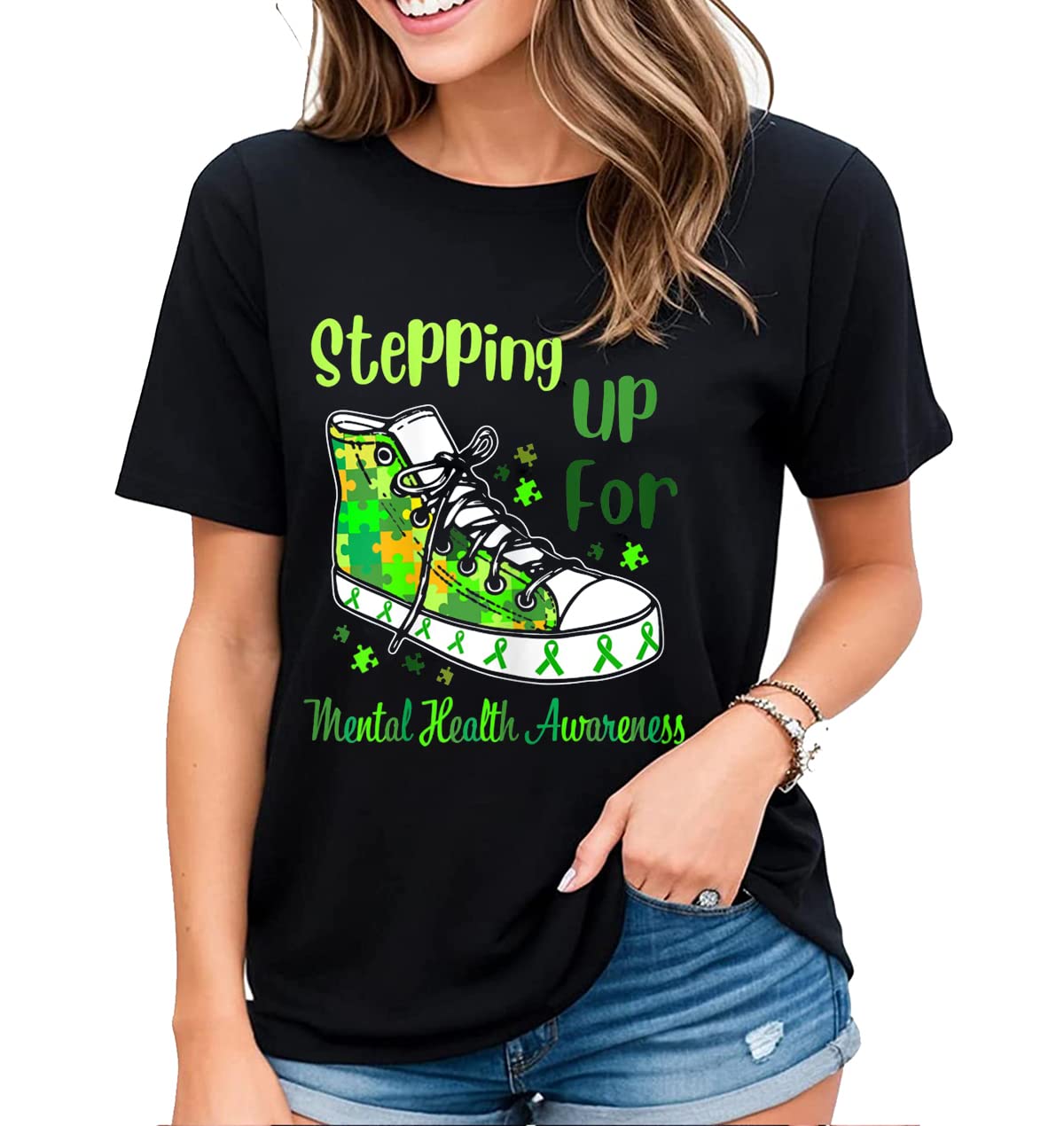 T-Shirt for Women No One Fights Alone Mental Health Awareness Green Ribbon Casual Short Sleeve Tops