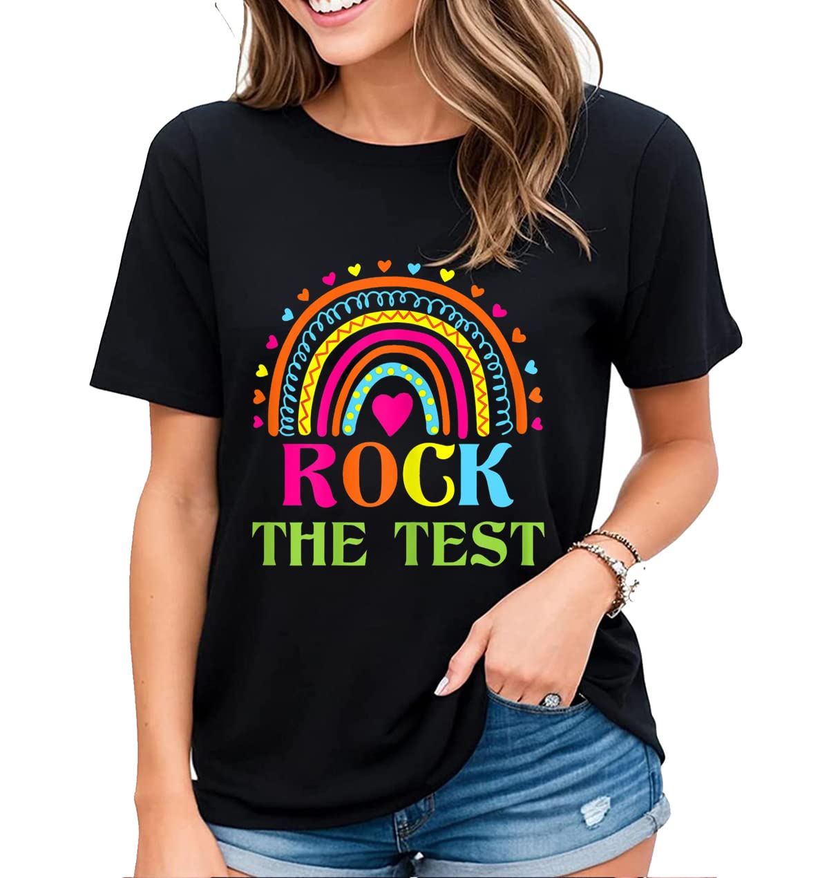 Womens Rainbow Graphics Rock The Test Testing Day Tee Cheer Encouragement Casual Short-Sleeved Tops