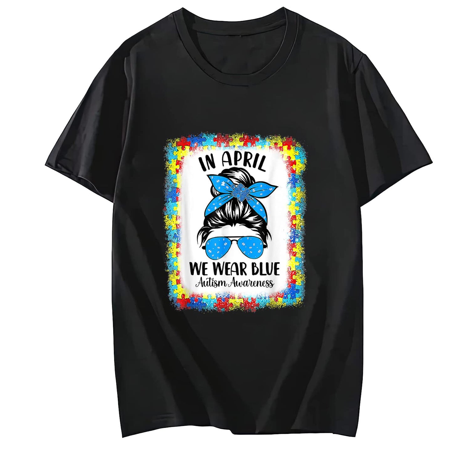 We Wear Blue for Autism Awareness T-Shirt Summer Casual Round Neck Short Sleeved Top