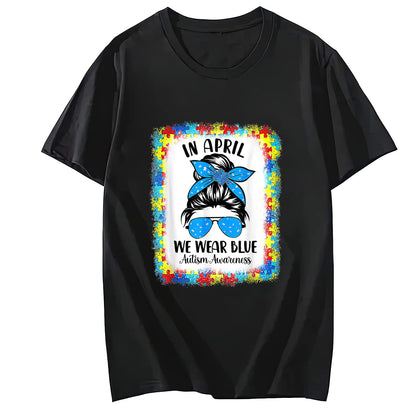 We Wear Blue for Autism Awareness T-Shirt Summer Casual Round Neck Short Sleeved Top