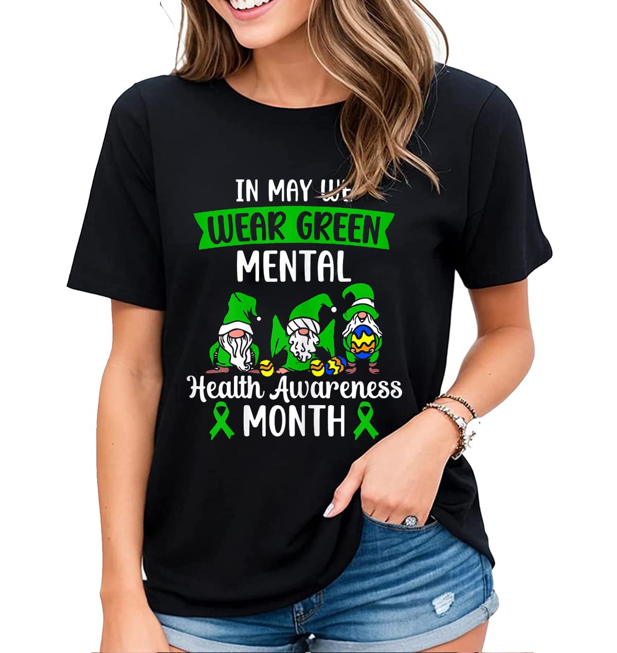 T-Shirt for Women No One Fights Alone Mental Health Awareness Green Ribbon Casual Short Sleeve Tops