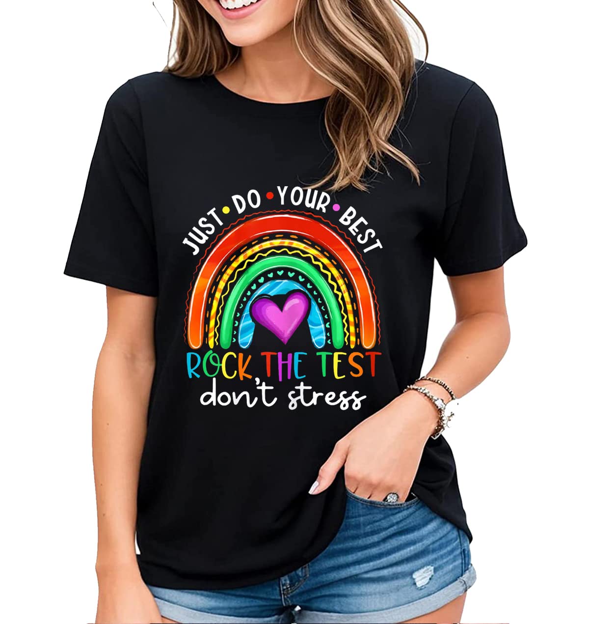 Womens Rainbow Graphics Rock The Test Testing Day Tee Cheer Encouragement Casual Short-Sleeved Tops