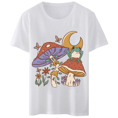 Women T-Shirt Mushroom Frog Butterfly Moon Flower T-Shirt