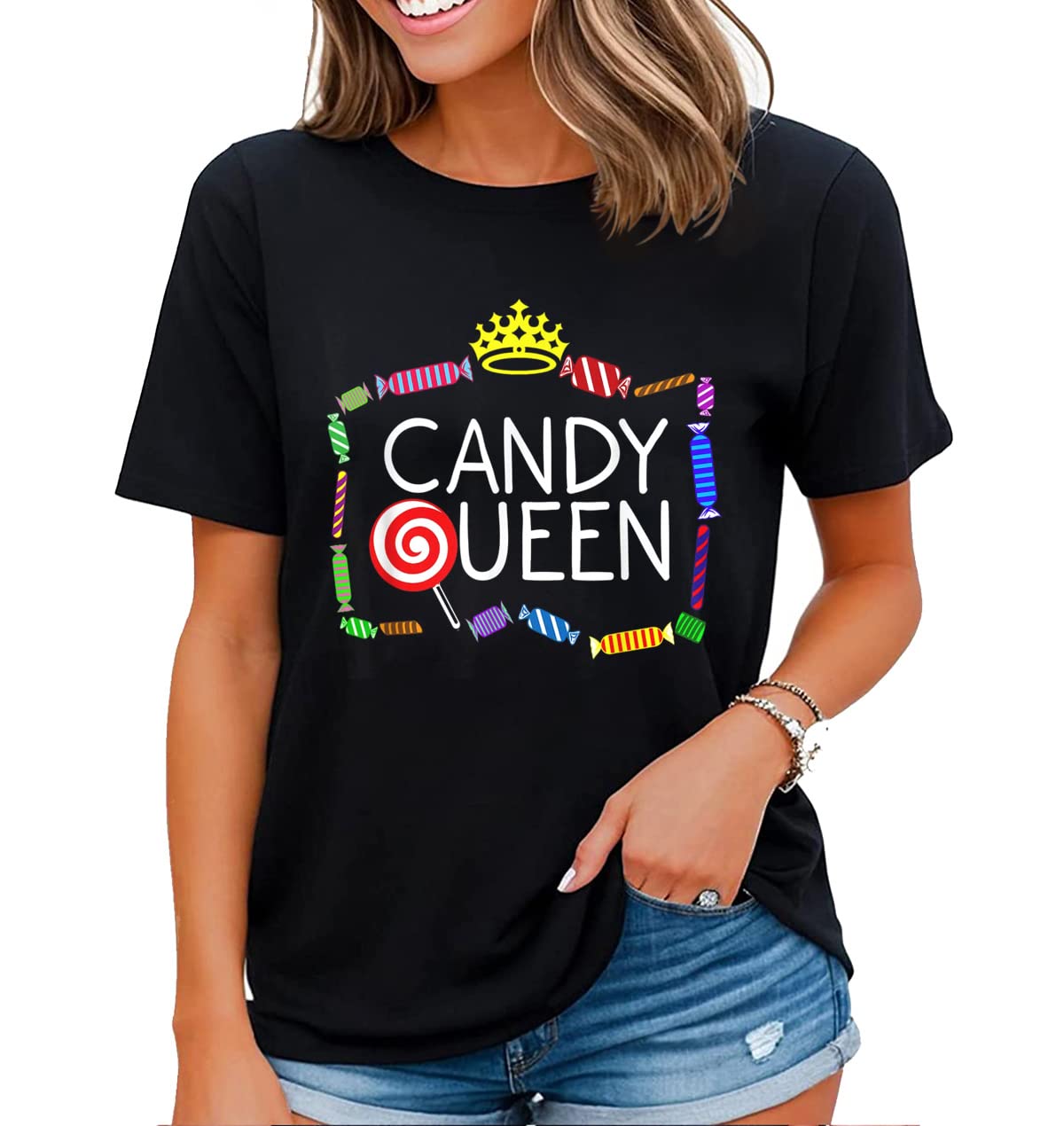 Cute Candy Design Shirt for Women Girls Kids Sweets Candy Lover Casual Short Sleeve Tops