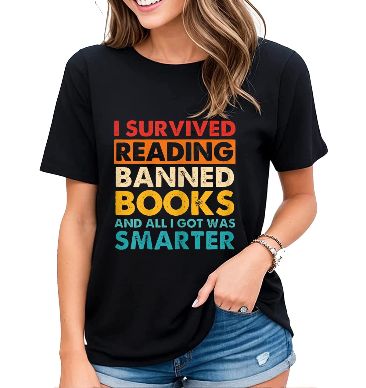 Womens Fun Graphic I Read Banned Books T-Shirt Banned Books Lovers Gift Casual Short-Sleeved Tops