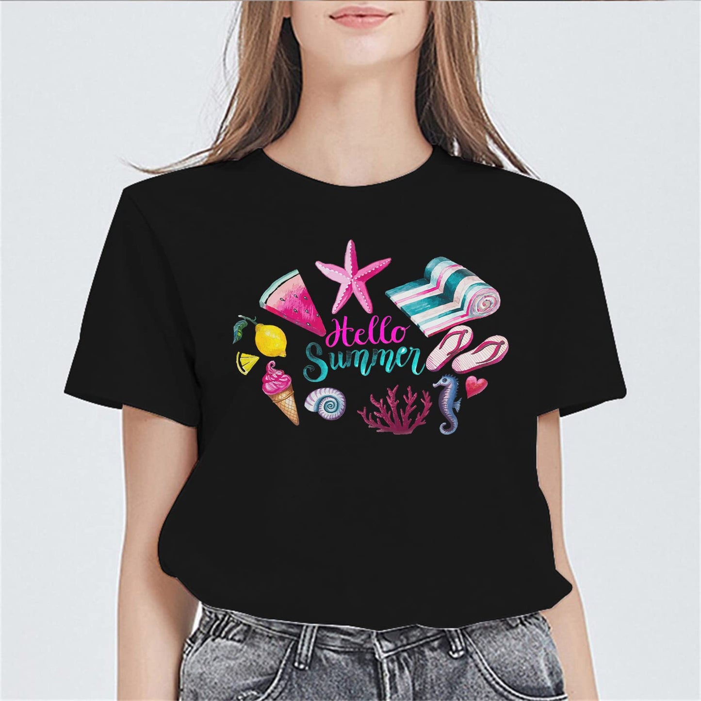 Womens Hi Summer Graphic Short Sleeve T Shirts for Women Tops Teen Girl Clothes