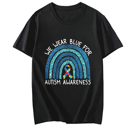 We Wear Blue for Autism Awareness T-Shirt Summer Casual Round Neck Short Sleeved Top