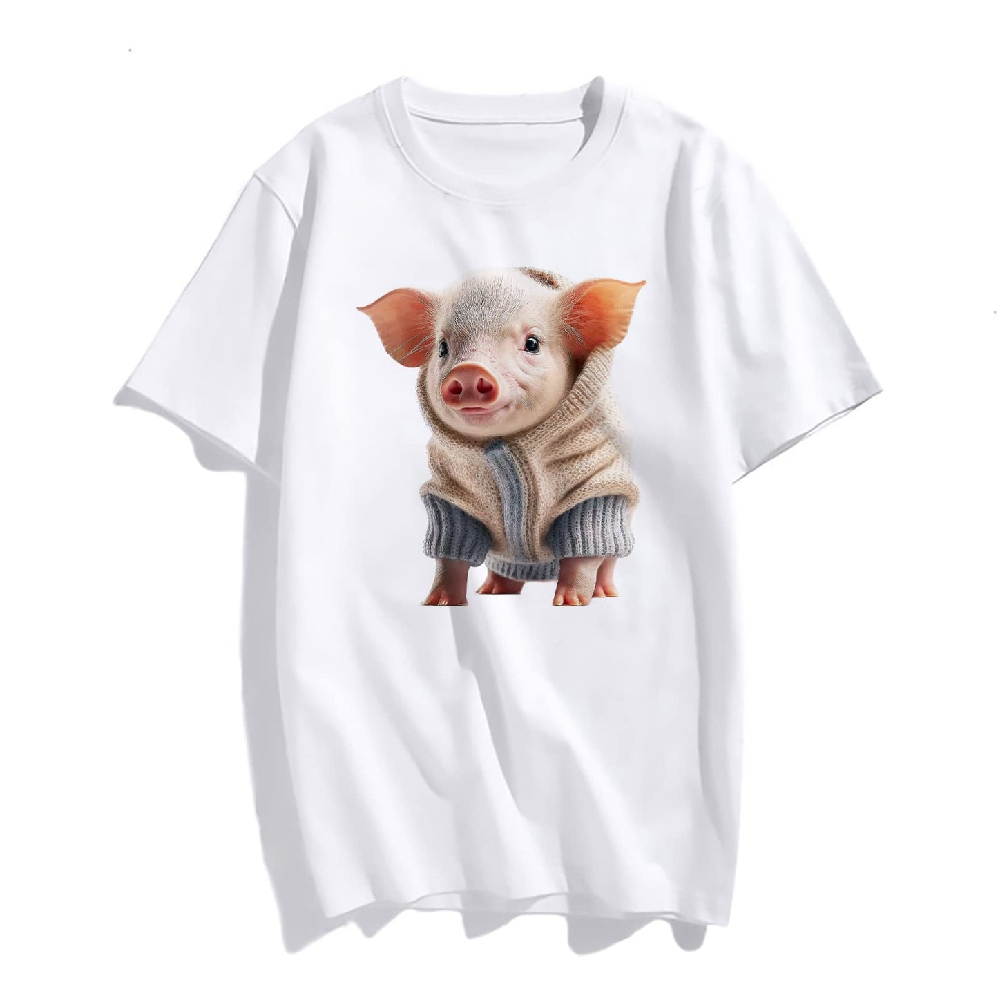 Cute Little Pig Print Short Sleeve Round Neck T Shirts for Women Tops