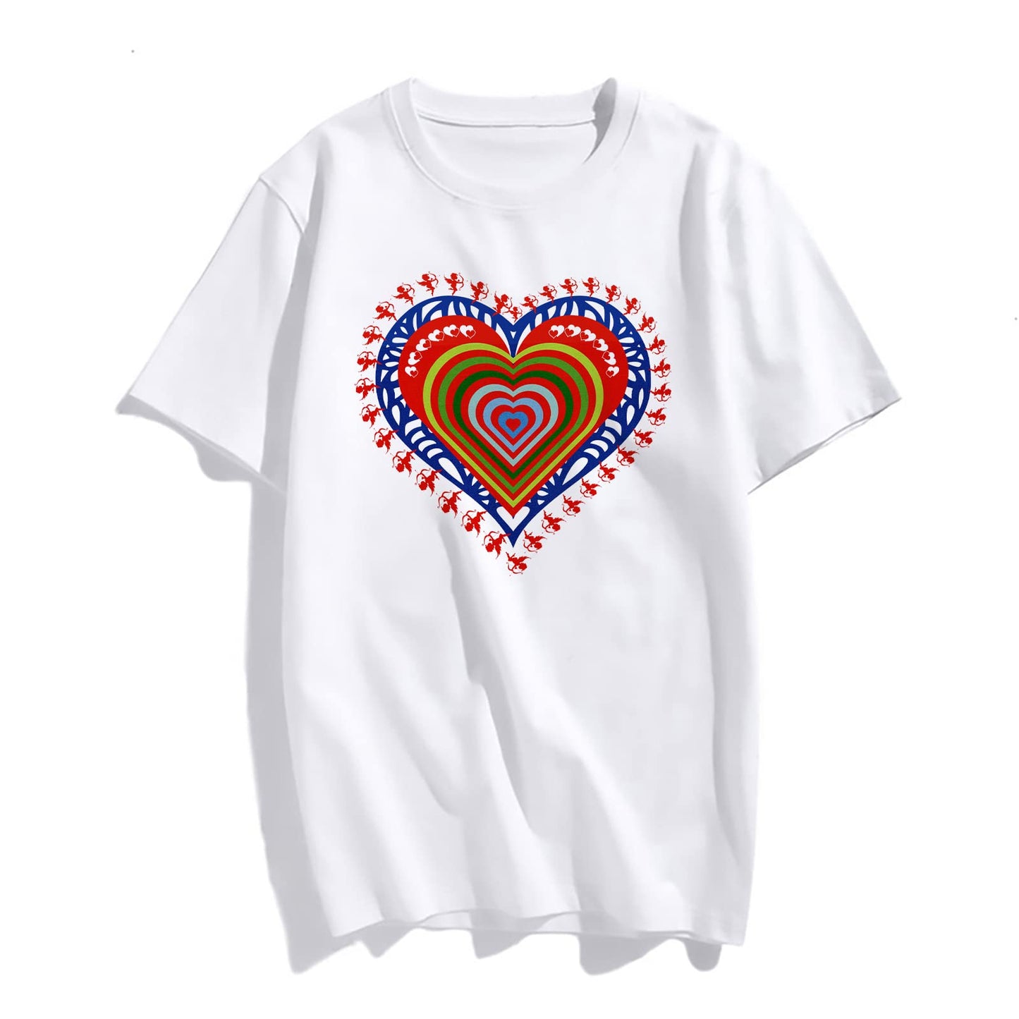 Womens Colorful Hearts Pattern Tshirts Casual Short Sleeve Tops Women's