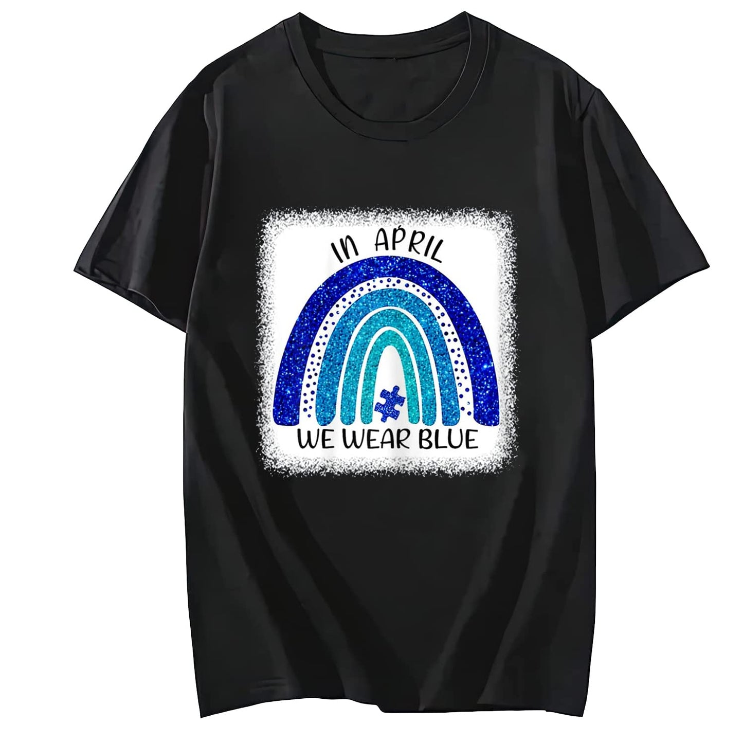We Wear Blue for Autism Awareness T-Shirt Summer Casual Round Neck Short Sleeved Top
