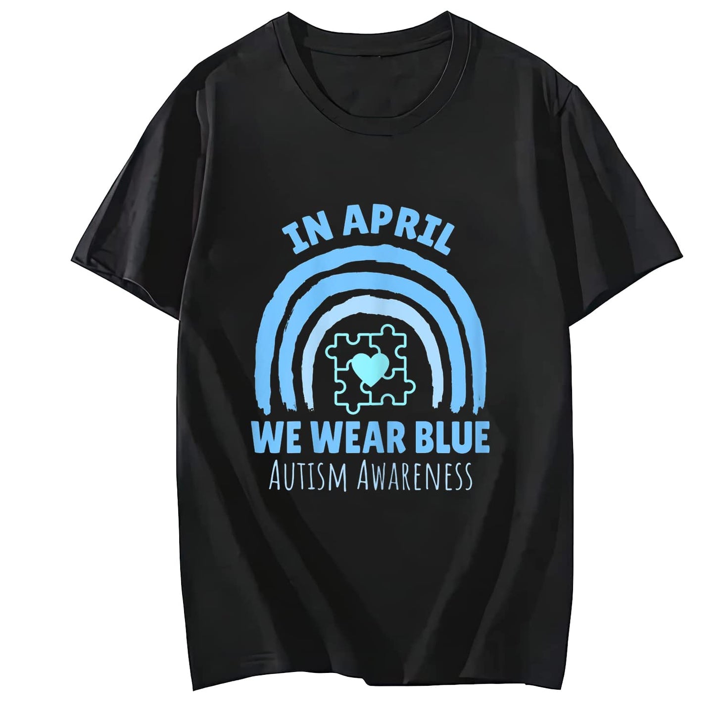We Wear Blue for Autism Awareness T-Shirt Summer Casual Round Neck Short Sleeved Top