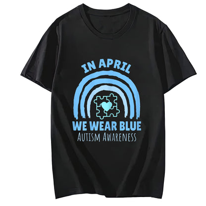 We Wear Blue for Autism Awareness T-Shirt Summer Casual Round Neck Short Sleeved Top