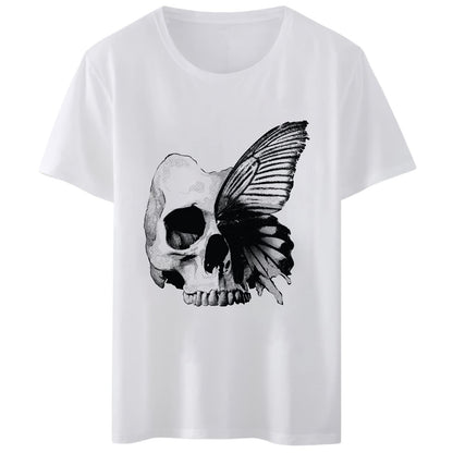 Women T-Shirt Skull Butterfly Wing Print Round Neck Tops Short Sleeve Casual Tee