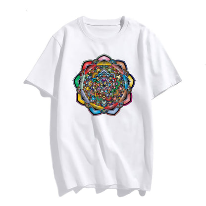 Mandala Pattern Flower Type Print Short Sleeve T Shirts for Women Tops