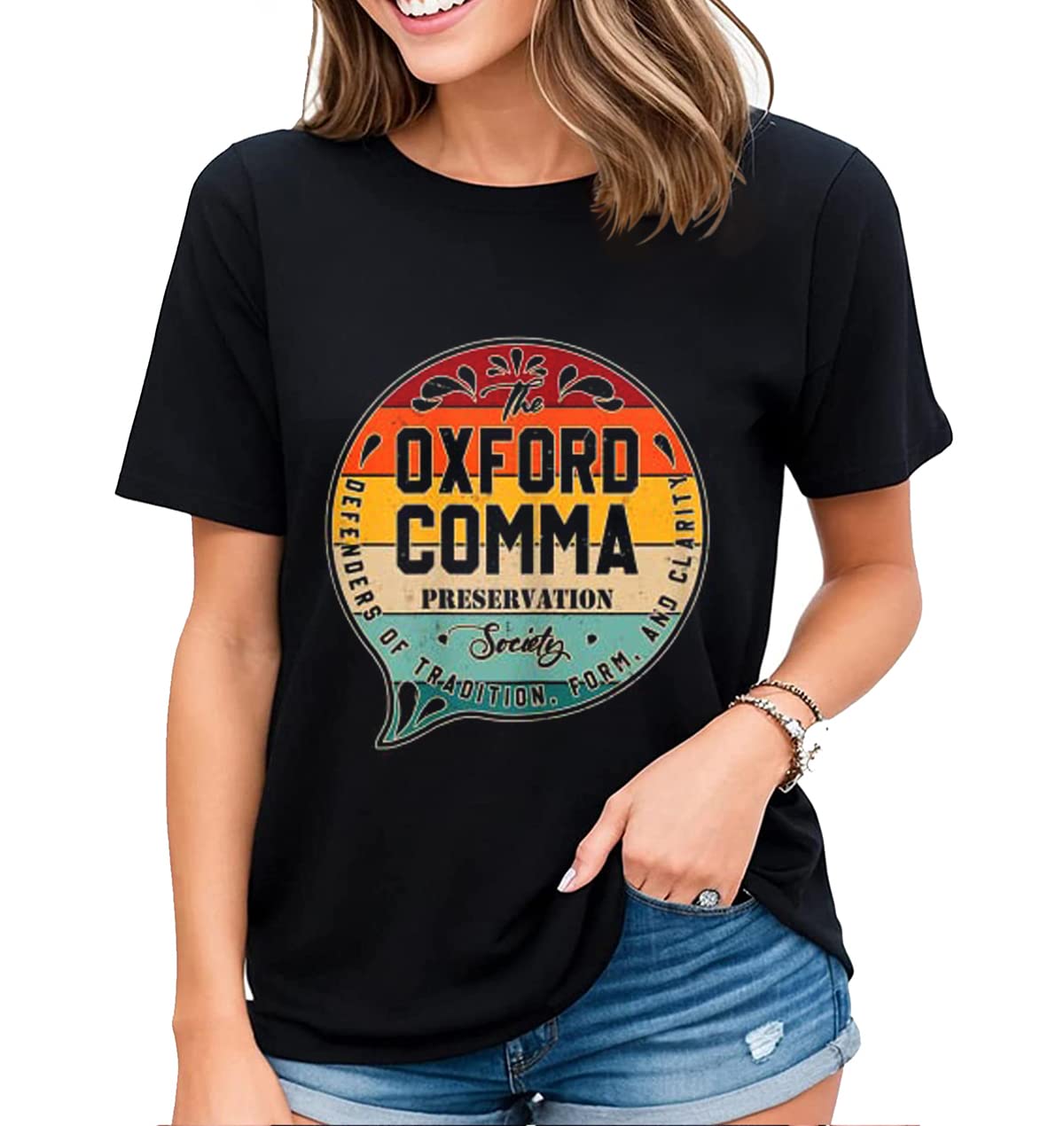 Retro Team Oxford Comma Graphic T-Shirt Womens Fun Grammar Casual Short-Sleeved Tops