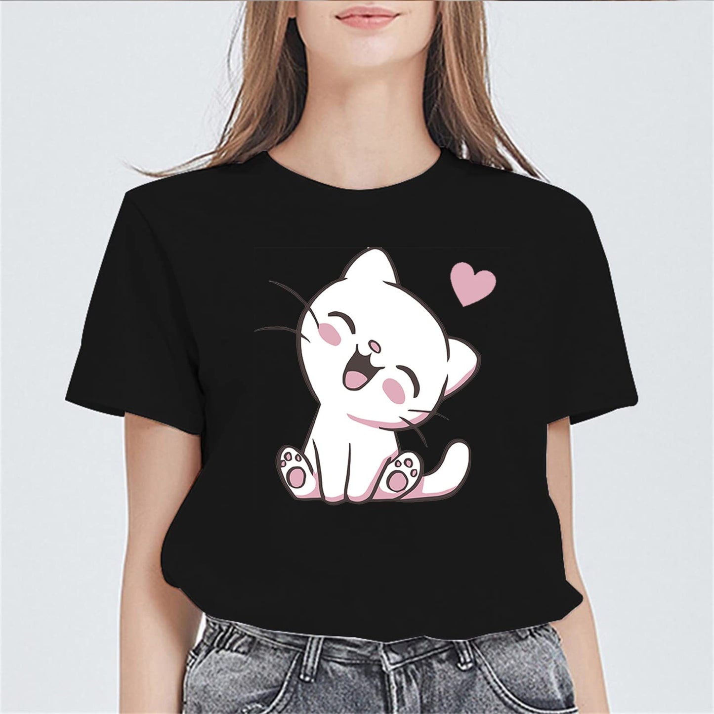 Womens Cute Cat Graphic Short Sleeve T Shirts for Women Tops Teen Girl Clothes