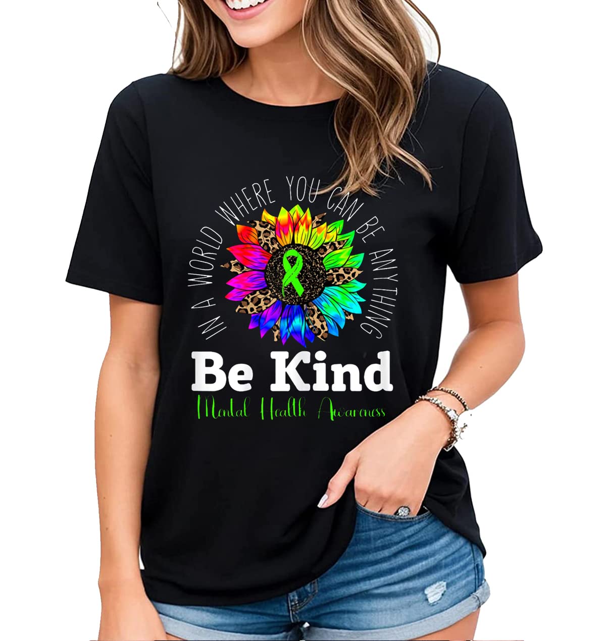 Women's Tshirt Mental Health Awareness Tee Green Ribbon Animal Botanical Graphic Casual Short Sleeve Tops