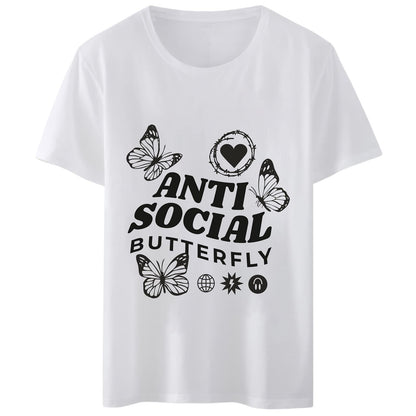 Women T-Shirt Anti Social Butterfly Black Heart Print Round Neck Tops Short Sleeve Casual Tee