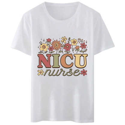 Women T-Shirt NICU Nurse Flower T-Shirt Round Neck Tops Short Sleeve Casual Tee