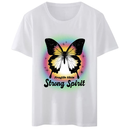 Women T-Shirt Fragile Skin Strang Spirit Butterfly Print Round Neck Tops Short Sleeve Casual Tee