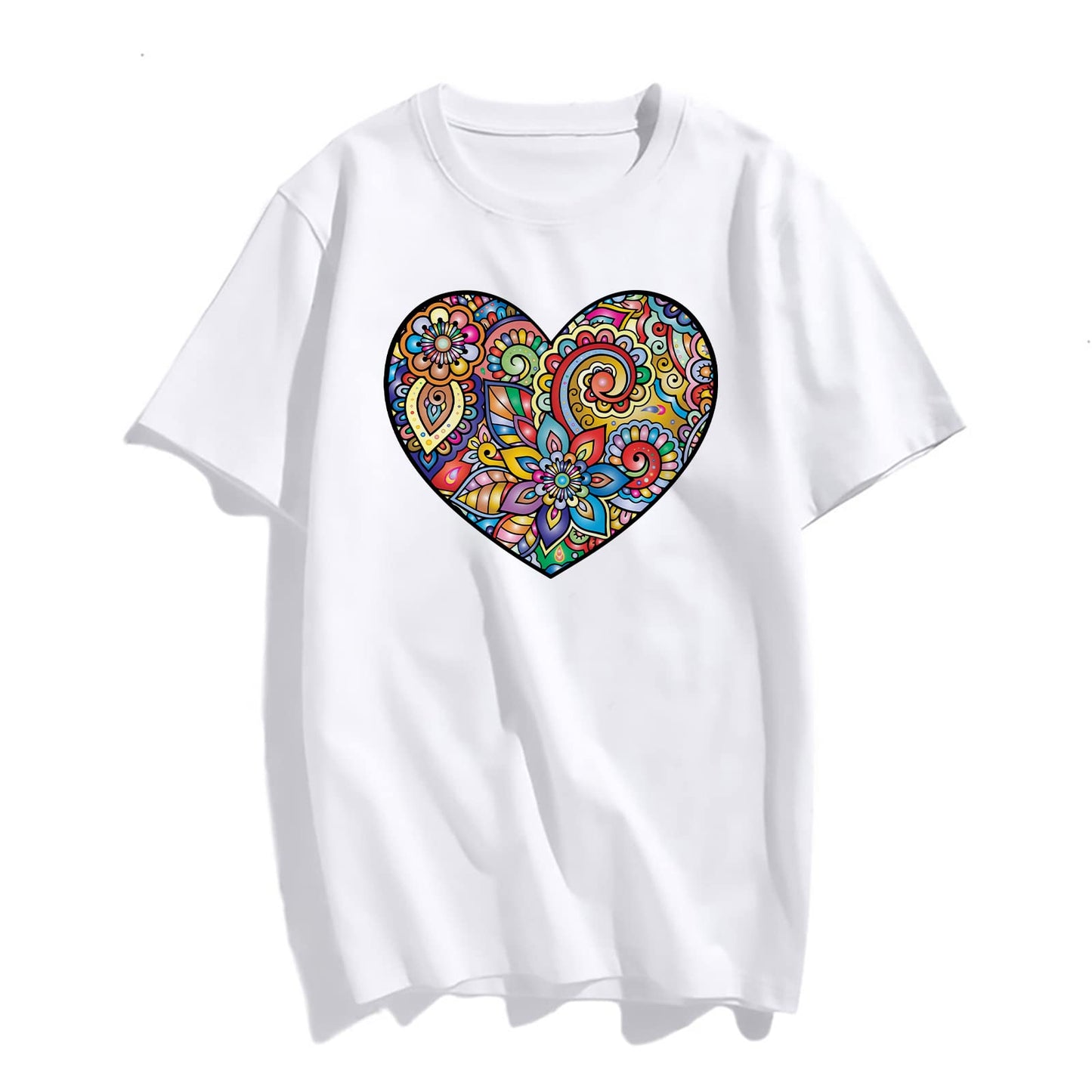 Womens Mandala Heart Shape Graphic Tees Vintage Short Sleeve T Shirts for Women Summer Top
