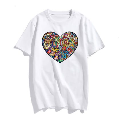 Womens Mandala Heart Shape Graphic Tees Vintage Short Sleeve T Shirts for Women Summer Top