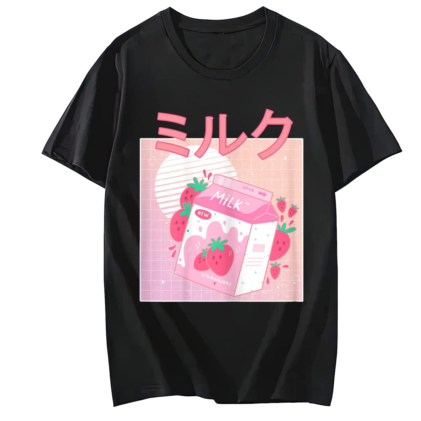 Women Tshirt Funny Retro 90s Japanese Kawaii Strawberry Milk Shake Carton Short Sleeve T-Shirt