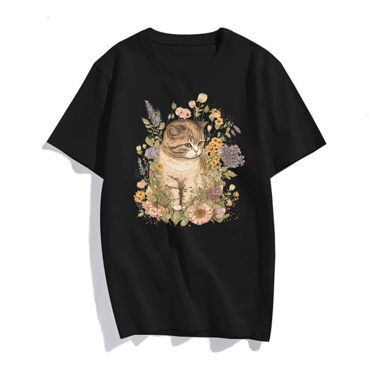 Cat in The Flowers T-Shirt Cute Fashion Women Girls Round Neck Short Sleeve Top