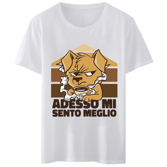 Women T-Shirt Adesso Mi Sento Meglio Coffee Anger Dog T-Shirt Round Neck Casual Tee