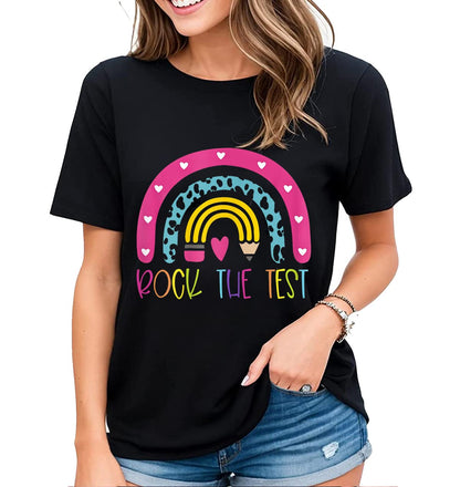 Womens Rainbow Graphics Rock The Test Testing Day Tee Cheer Encouragement Casual Short-Sleeved Tops