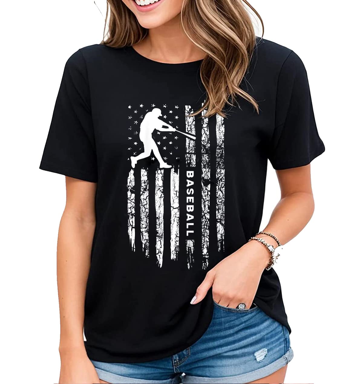 Women's T-Shirt Baseball Game Novelty Graphic Baseball American Flag Baseball Lovers Gift Short Sleeve Tops