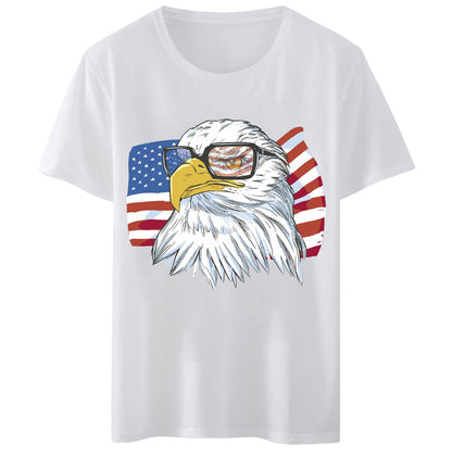 Women T-Shirt America Flag Glasses Eagle T-Shirt Round Neck Tops Short Sleeve Casual Tee