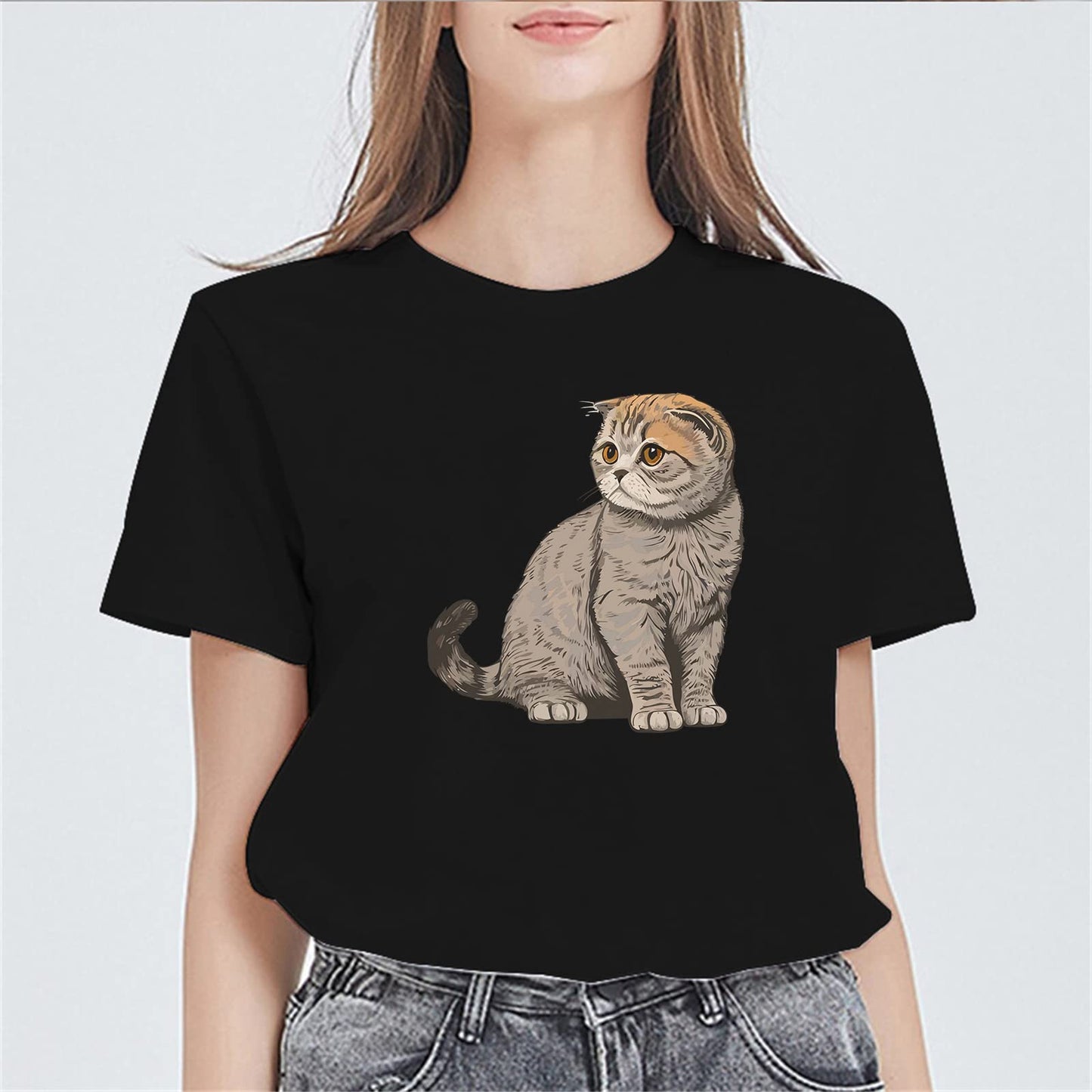 Women Grey-Brown Cat Graphics T-Shirt Fashion Casual Short-Sleeved Tops Teens Girl Clothes