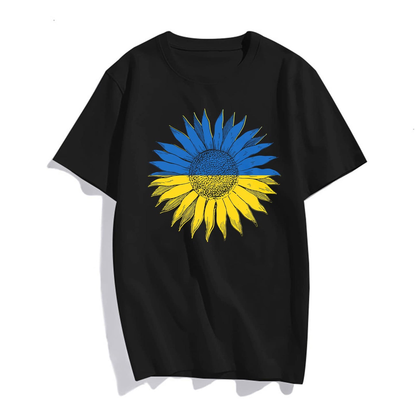 noozuo Sunflower Blue and Yellow Stitching Women Fashion Round Neck Short Sleeve T-Shirt