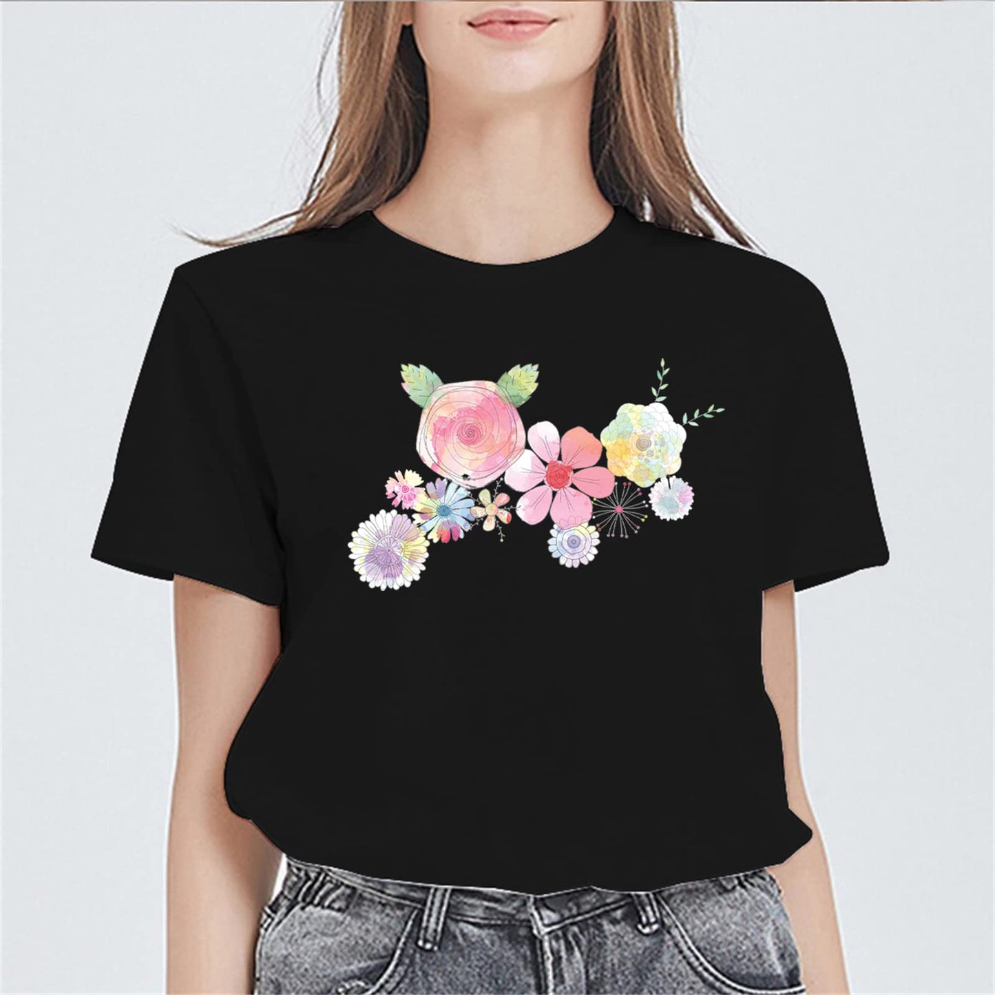 Floral Tee Wildflower Graphic Women Summer Casual Short Sleeve Crew Neck T-Shirts