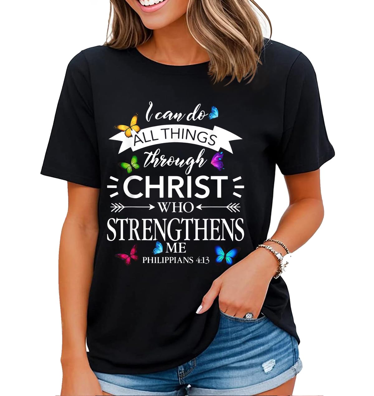 Fun Bible Quotes Christian Faith Shirt Butterfly Graphic Tshirt Women